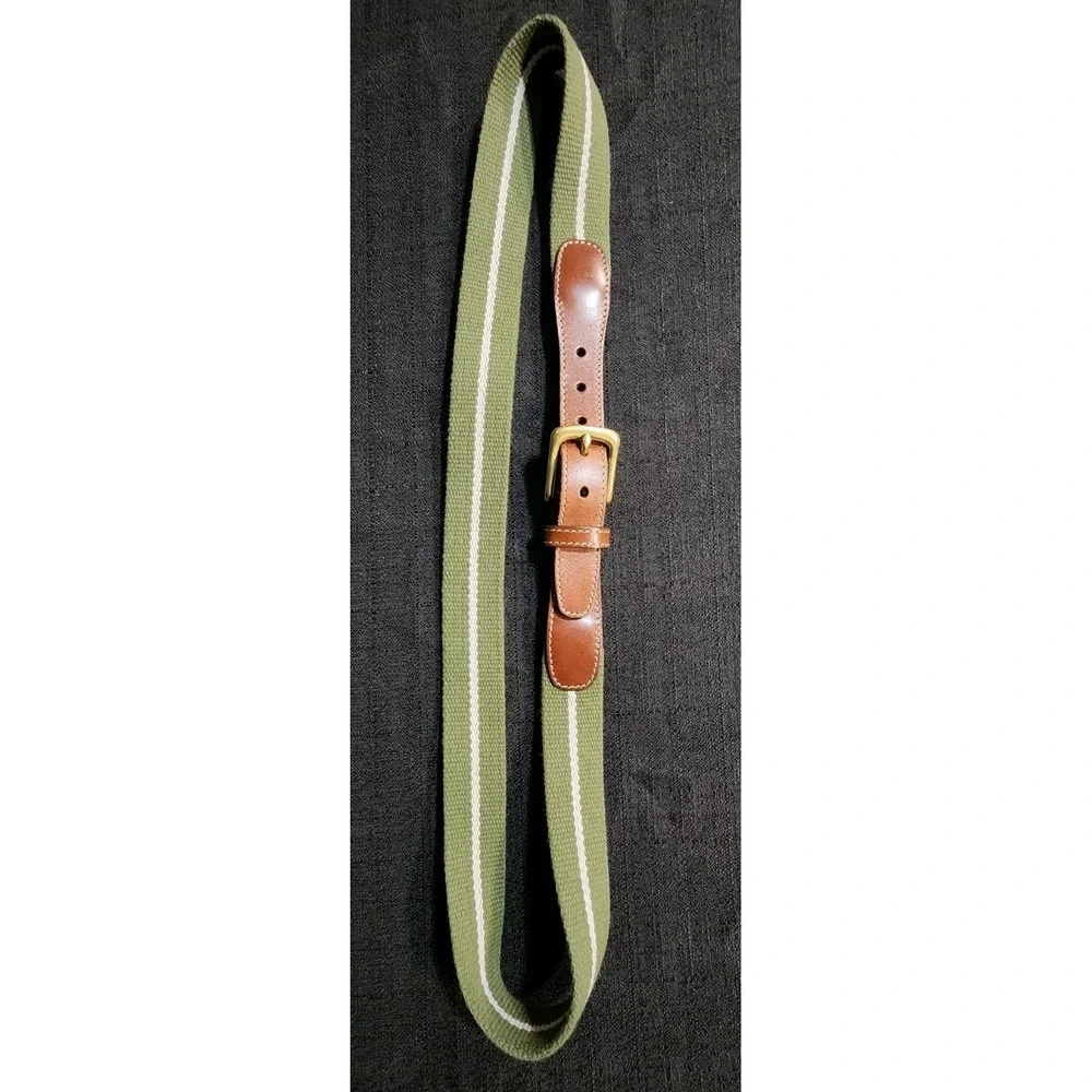 Lands End Golf Belt Mens 40‎ Olive Green Canvas Web Leather Brass Buckle Casual